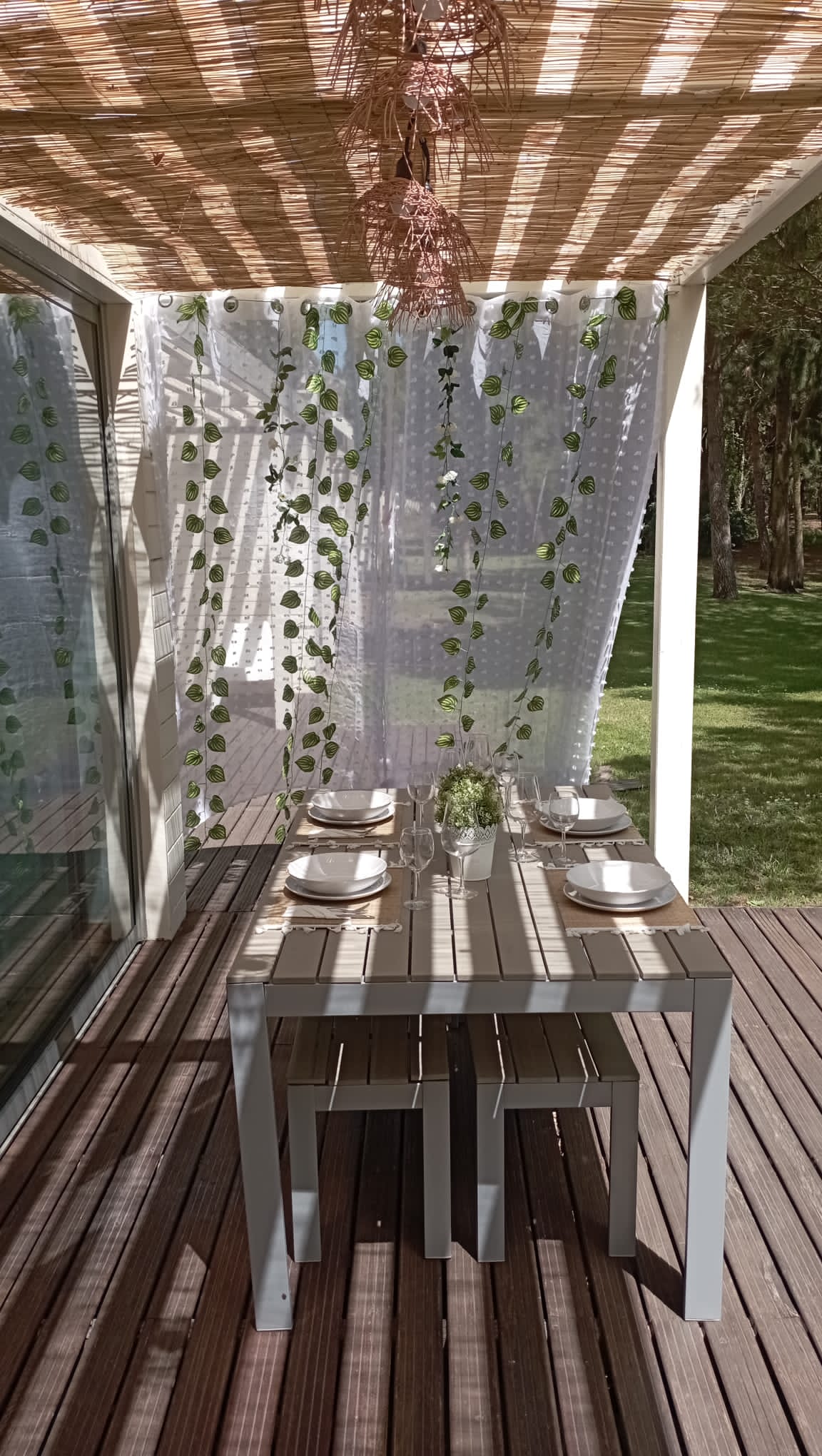 Shaded patio dining by the lake